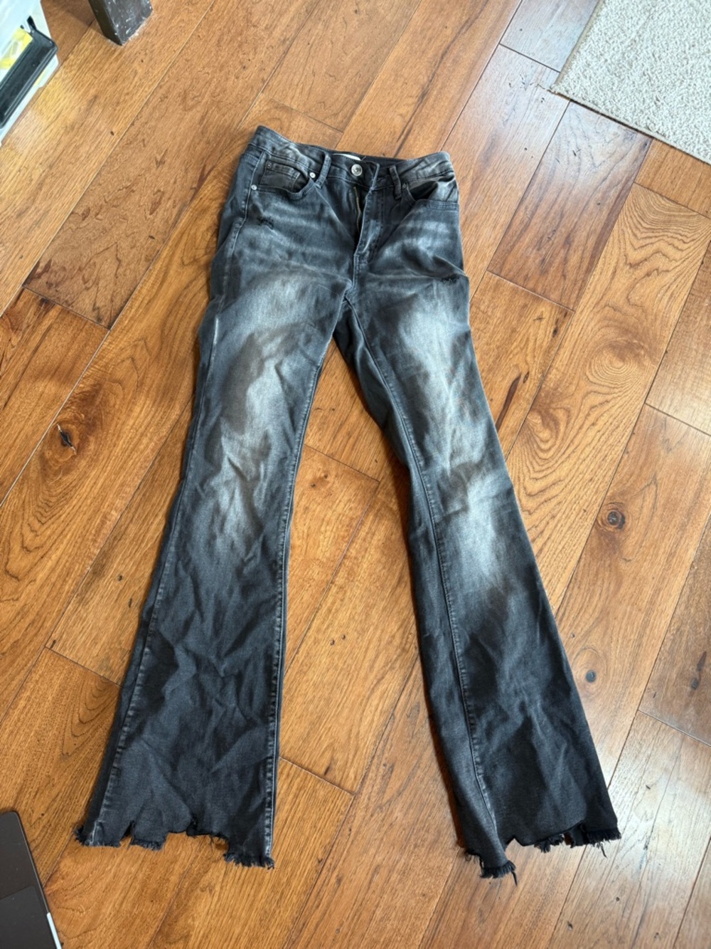 Women's Washed Black Flared Jeans with Raw Hem
